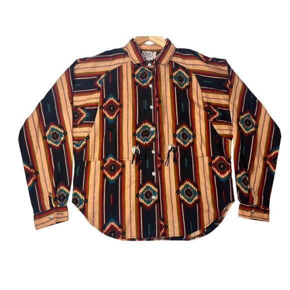Circle T by Marilyn Lenox Tops - VNTG Circle T Southwest Cowboy Boho Button Down Shirt Womens Sz L Tassels Tribal